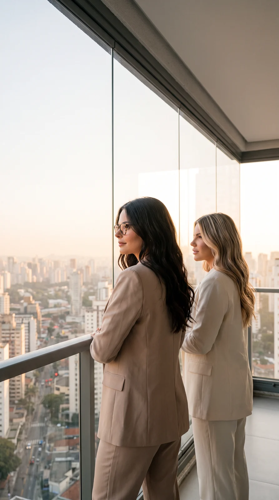 Prévia gerada por IA: as duas sócias de costas em varanda de vidro, skyline de São Paulo ao entardecer